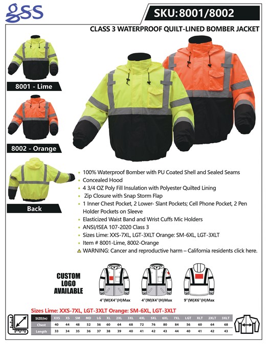 Class 3 Waterproof Quilt-Lined Bomber Jacket | GSS Safety